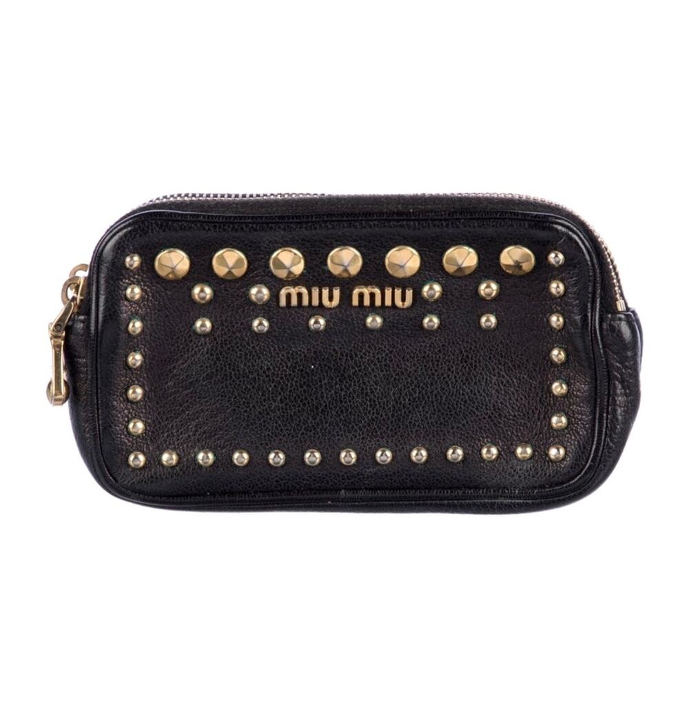 Miu Miu Black Leather Gold Studded Zip Around Wallet